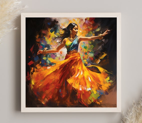 Indian Woman Folk Dance Oil Painting Large Indian Gift Wall Art Framed Print Ready To Hang