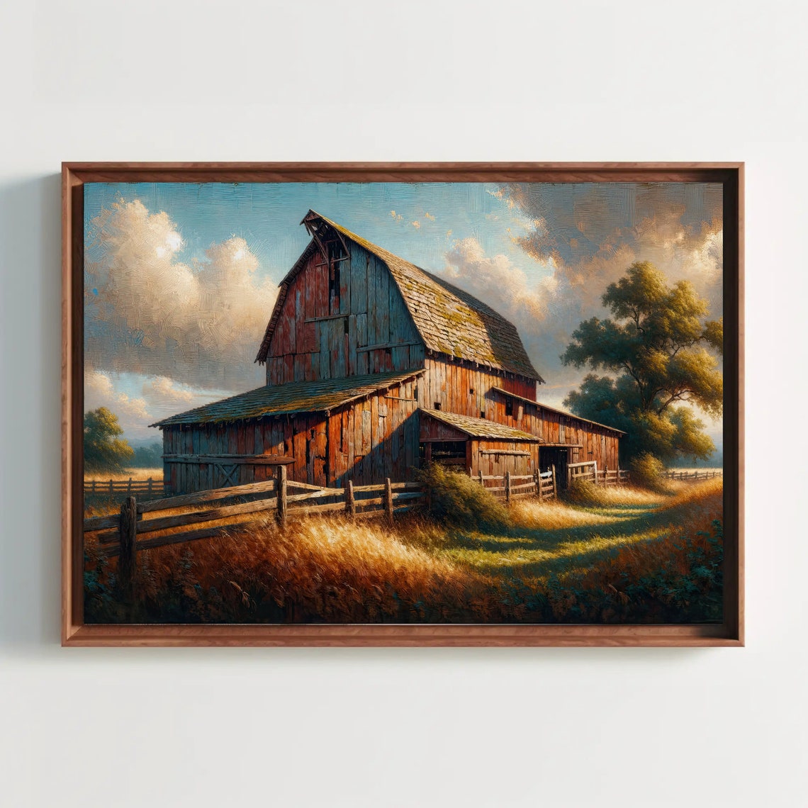 Weathered Wooden Barn In A Golden Field Rustic Farm Painting Poster