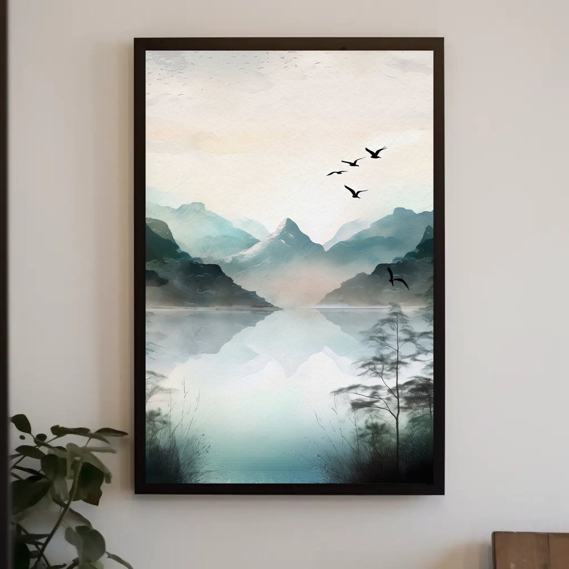Misty Mountain Lake Reflection With Birds Watercolor Art Poster