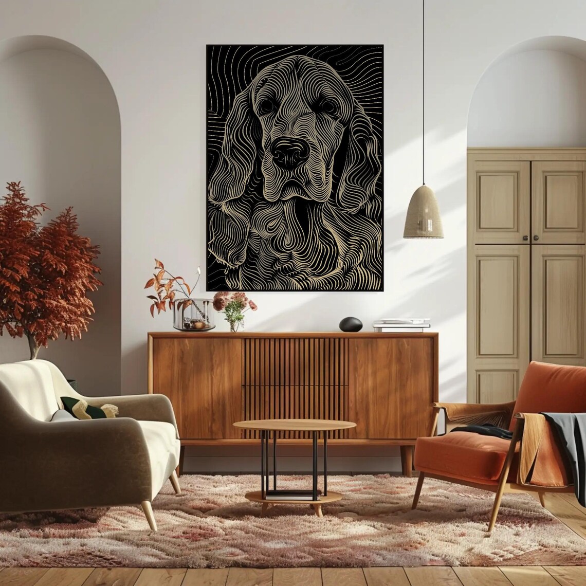 Gold Line Art Long Eared Dog Portrait Poster on Black Background - Image 3