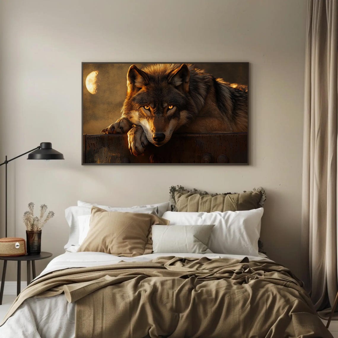 Wolf Resting Under A Half Moon Mystical Night Wildlife Art Poster - Image 3
