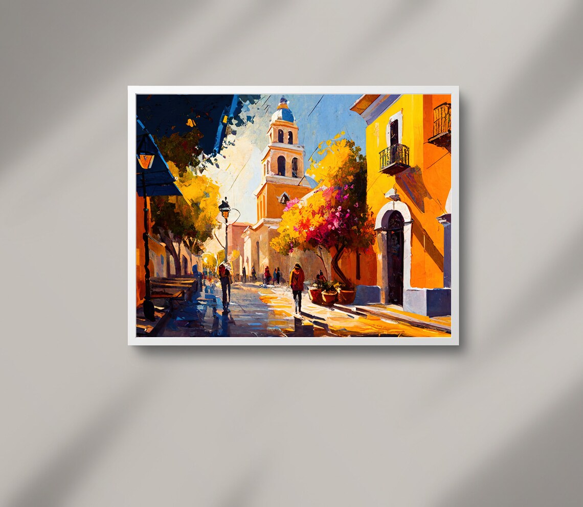 Mexican Town Plaza Church Dome Sunny Street Vibrant Art Poster - Image 3