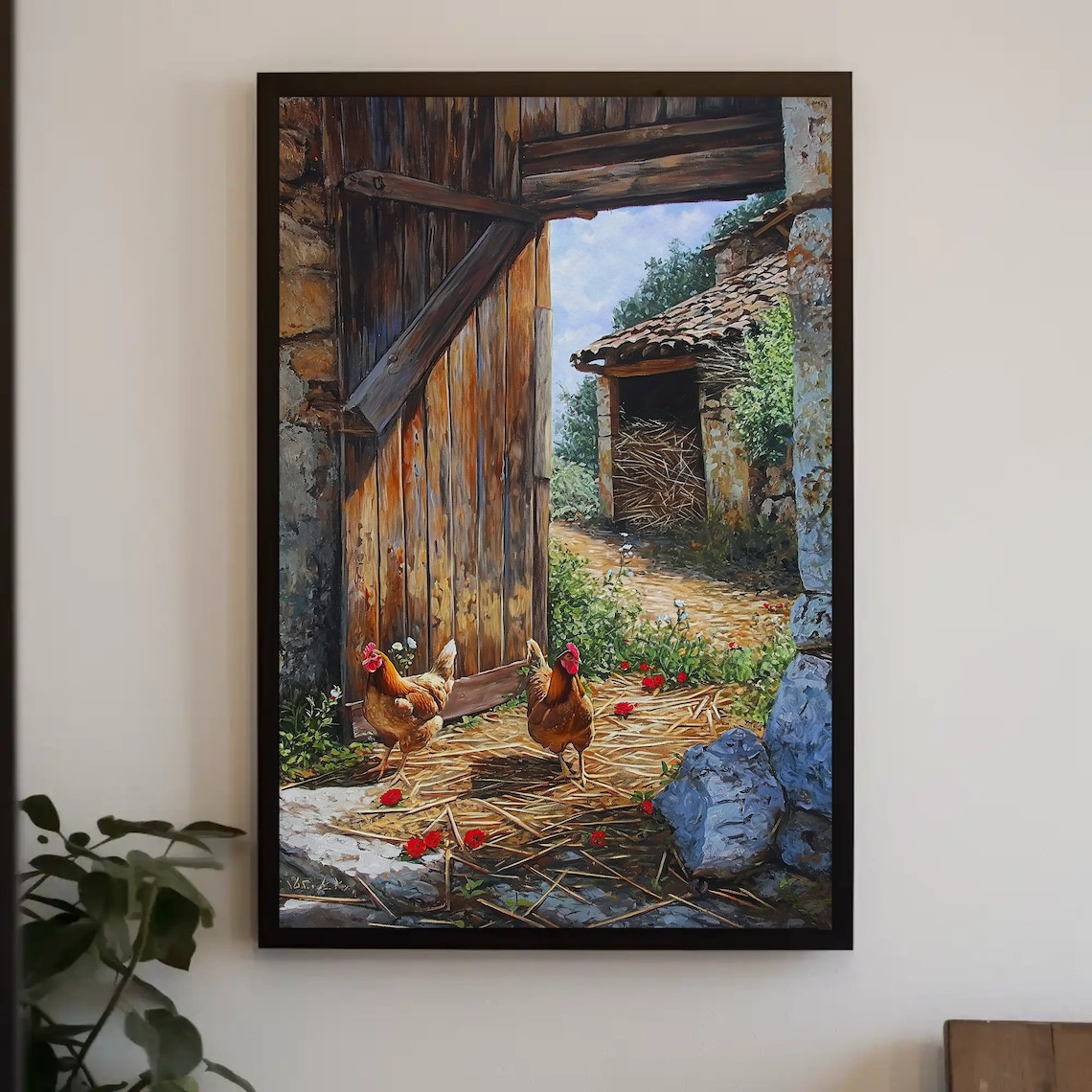 Chickens At The Barn Door Rustic Farmhouse Oil Painting Poster