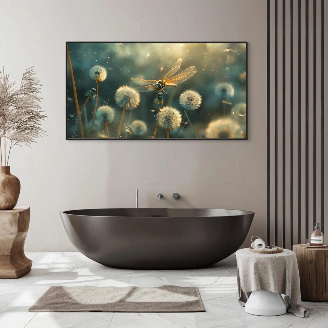 Golden Dragonfly Perched Among Glowing Dandelion Blooms Poster - Image 3