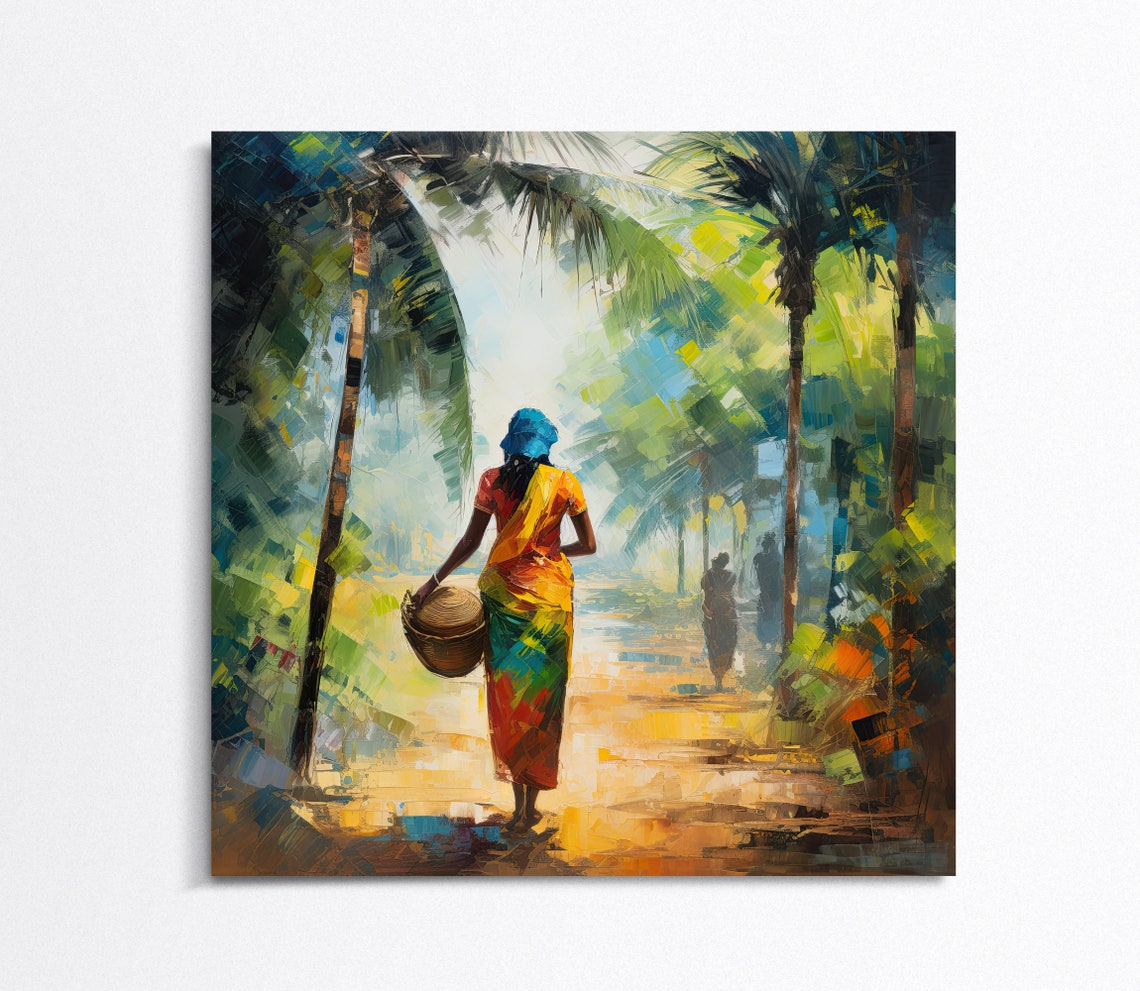 South Indian Woman in Sari Walking Through Palm Grove Poster - Image 4