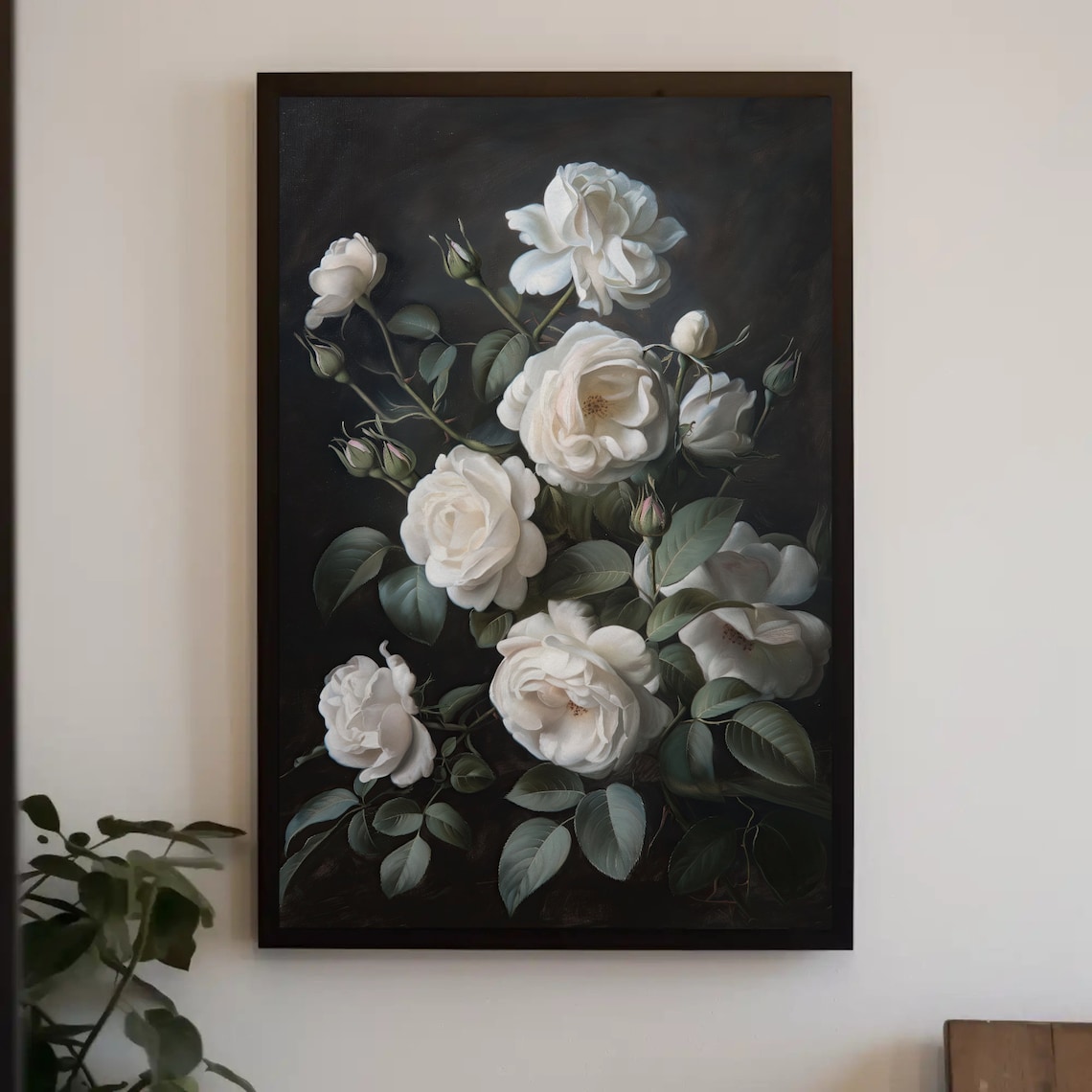 White Roses Dark Academia Oil Painting Botanical Moody Floral Poster