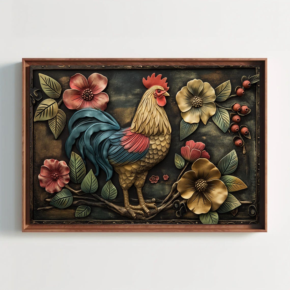 Metallic Rooster With Flowers Embossed 3D Relief Artwork Poster