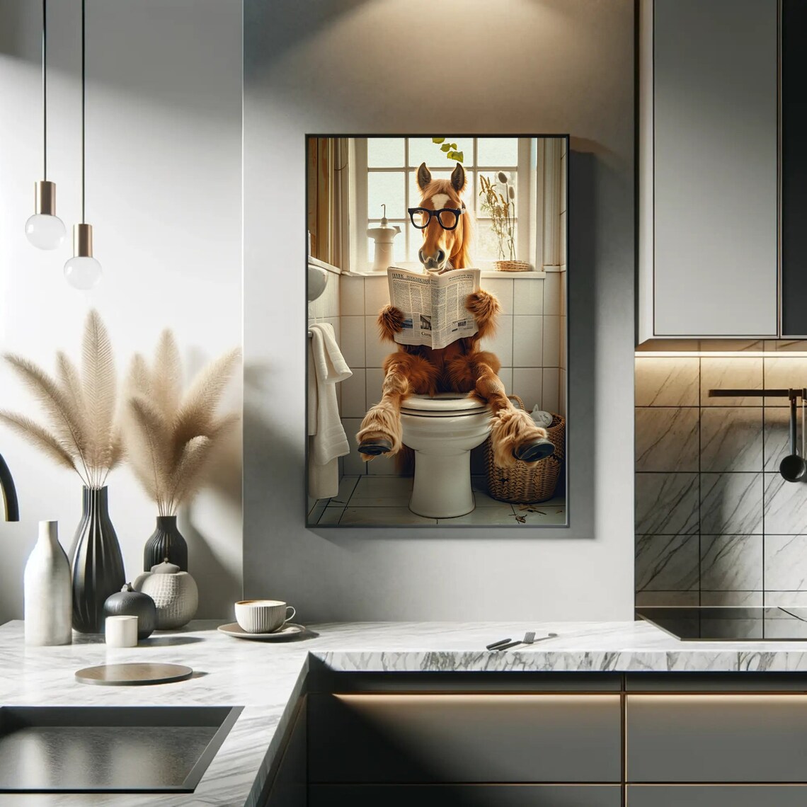 Horse in Glasses Reading Newspaper on Toilet Funny Bathroom Poster - Image 5