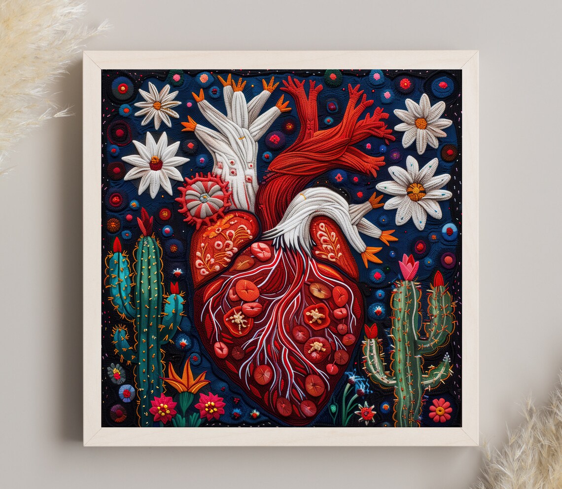 Cactus Flower Heart Huichol Art Print, Mexico
