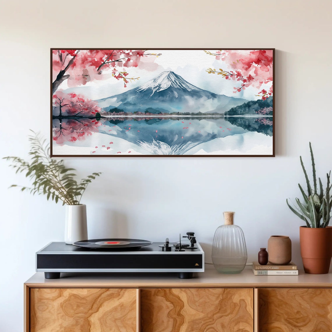 Mount Fuji with Cherry Blossoms Reflection Watercolor Poster - Image 4
