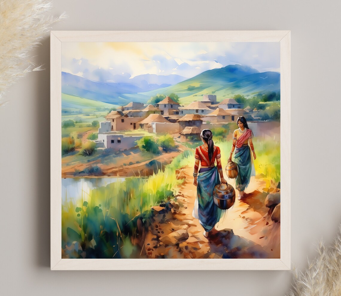 Women Carrying Water Pot To Village Painting Indian Art India Wall Art Square Art Print Desi Wall Art Indian Home Decor