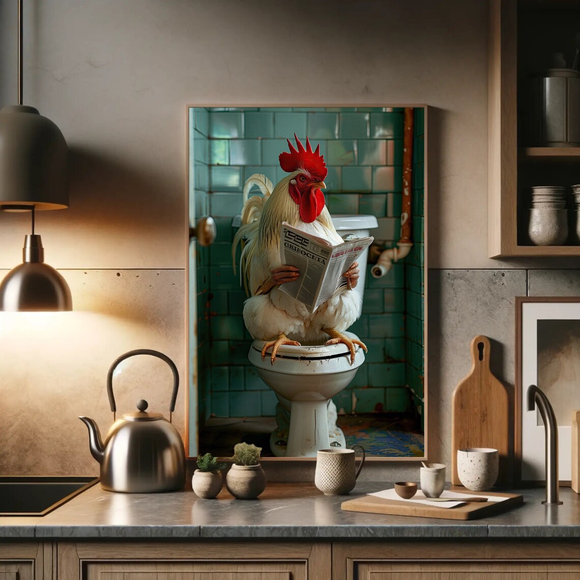 Rooster Reading Newspaper on Toilet Funny Farmhouse Bathroom Poster - Image 2