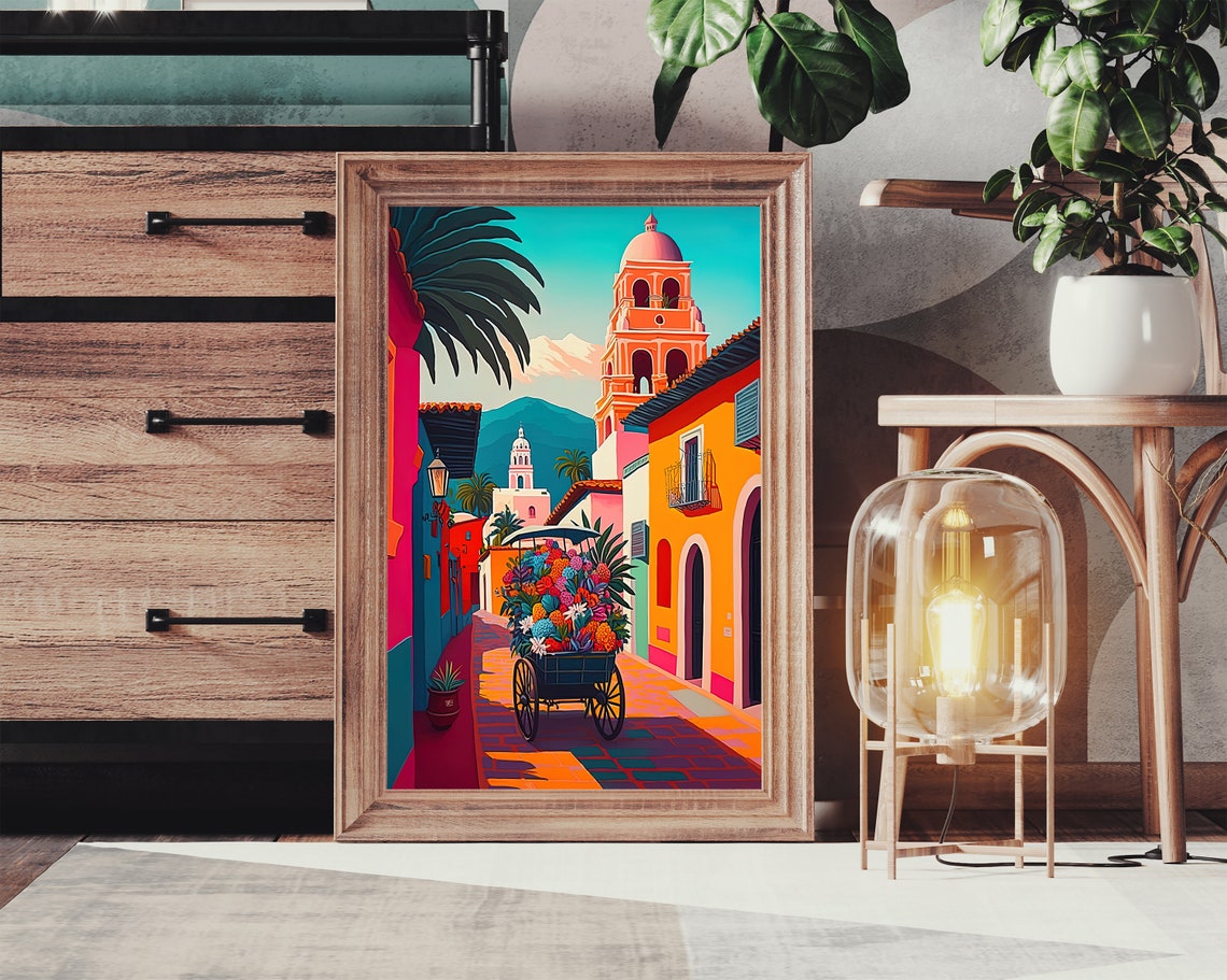 Colorful Mexican Town Flower Cart Colonial Street Art Poster - Image 3
