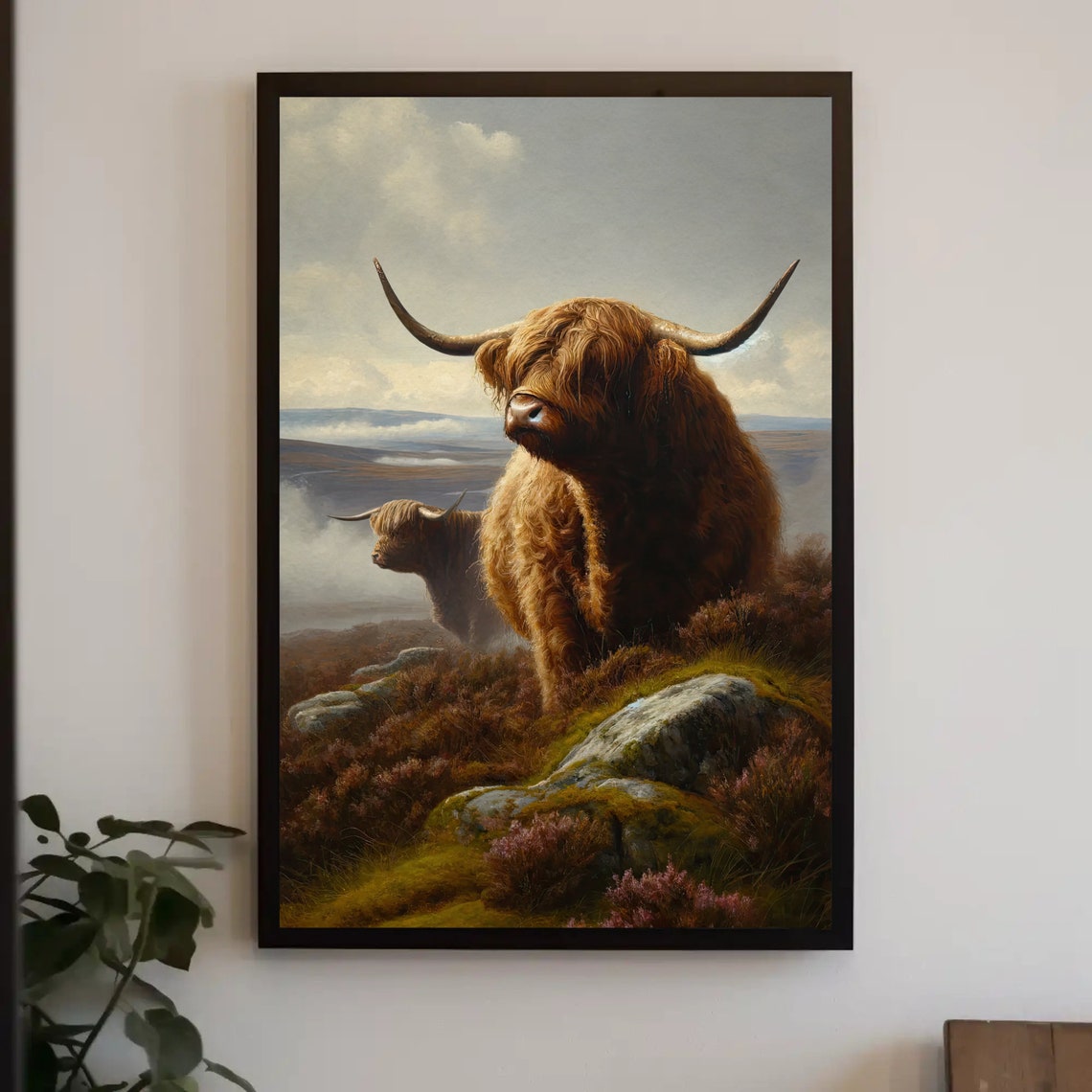 Highland Cow On Heather Hillside Misty Moorland Oil Painting Poster