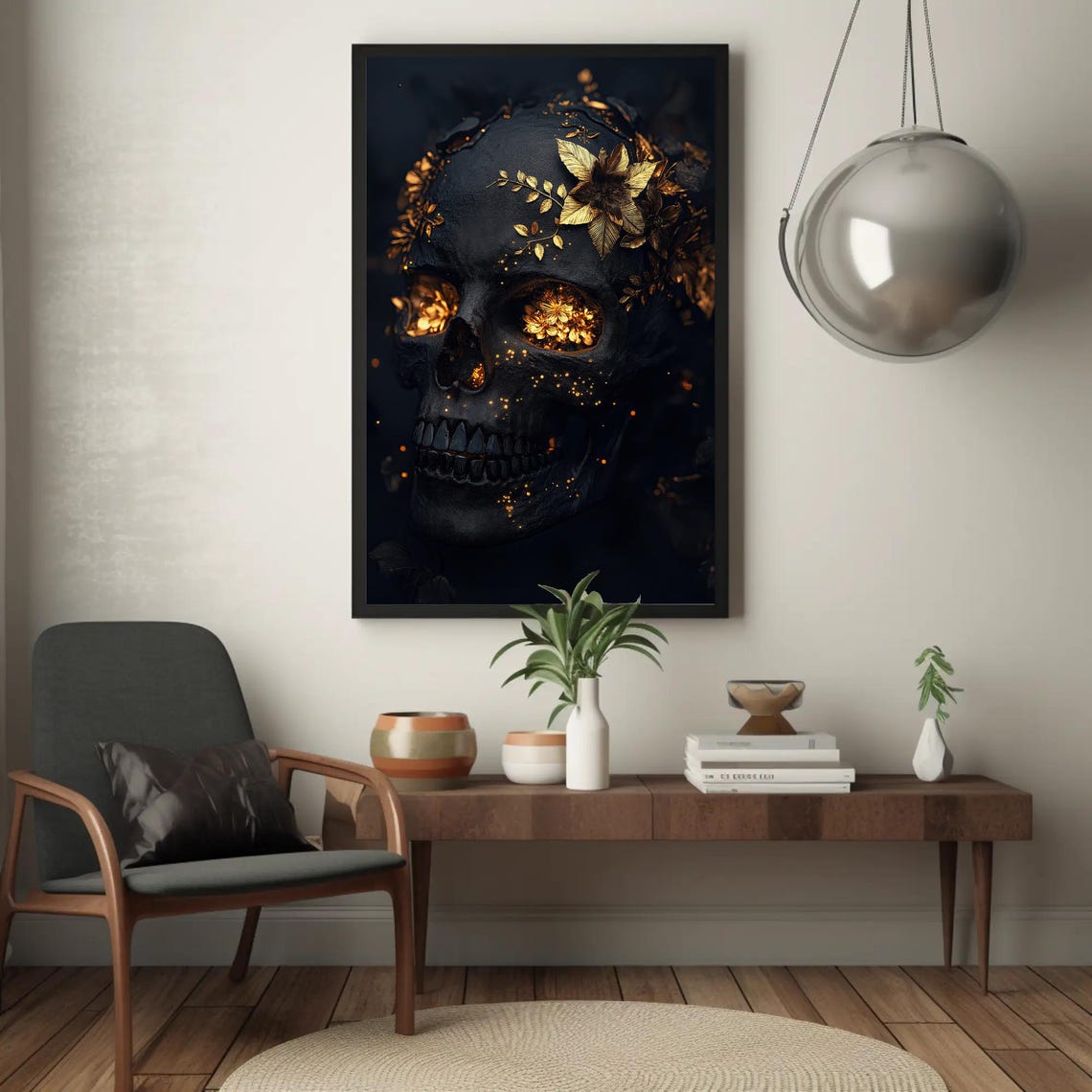 Golden Floral Crowned Skull on Black Luxury Gothic Art Poster - Image 4