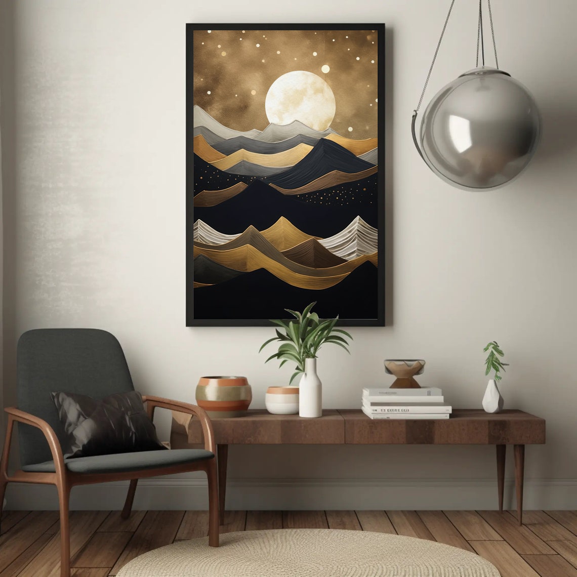 Golden Moon Over Black Mountains Modern Abstract Scene Poster - Image 5