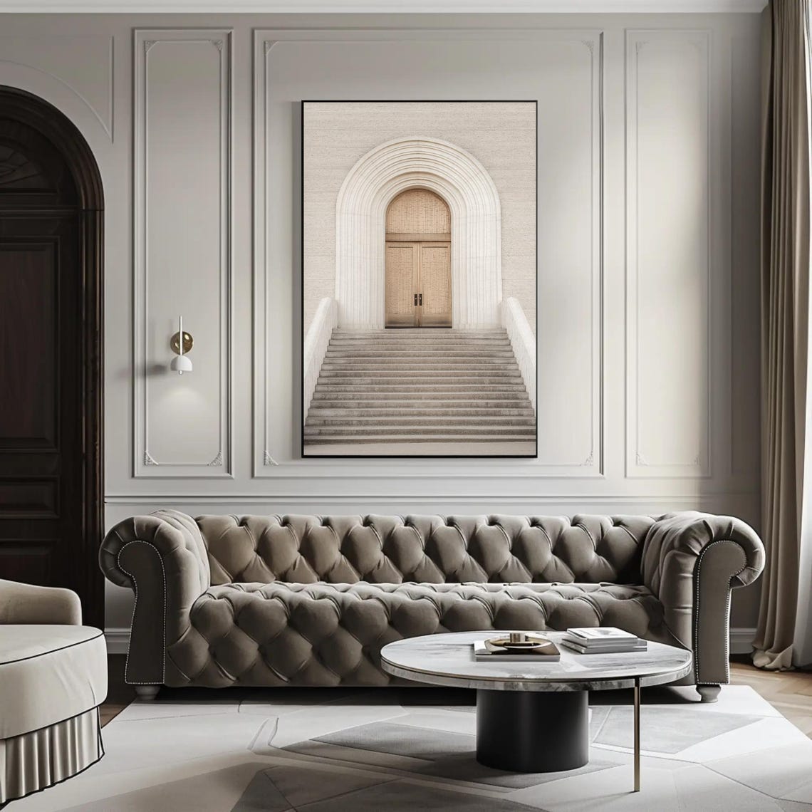 Grand White Arched Doorway And Stairs Minimalist Architecture Poster - Image 2