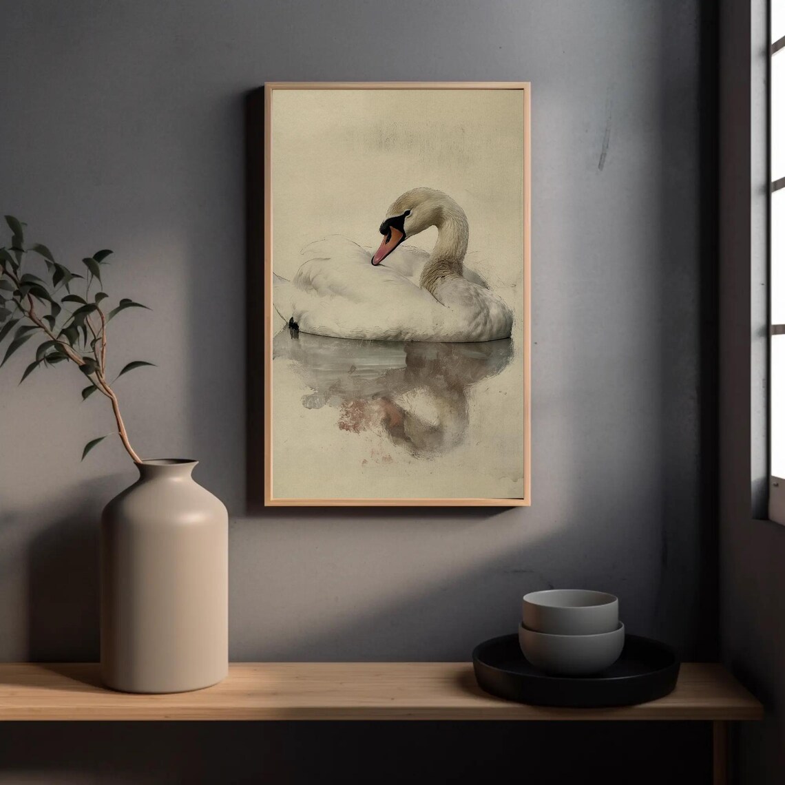 Elegant White Swan Watercolor Preening On Calm Water Art Poster - Image 2