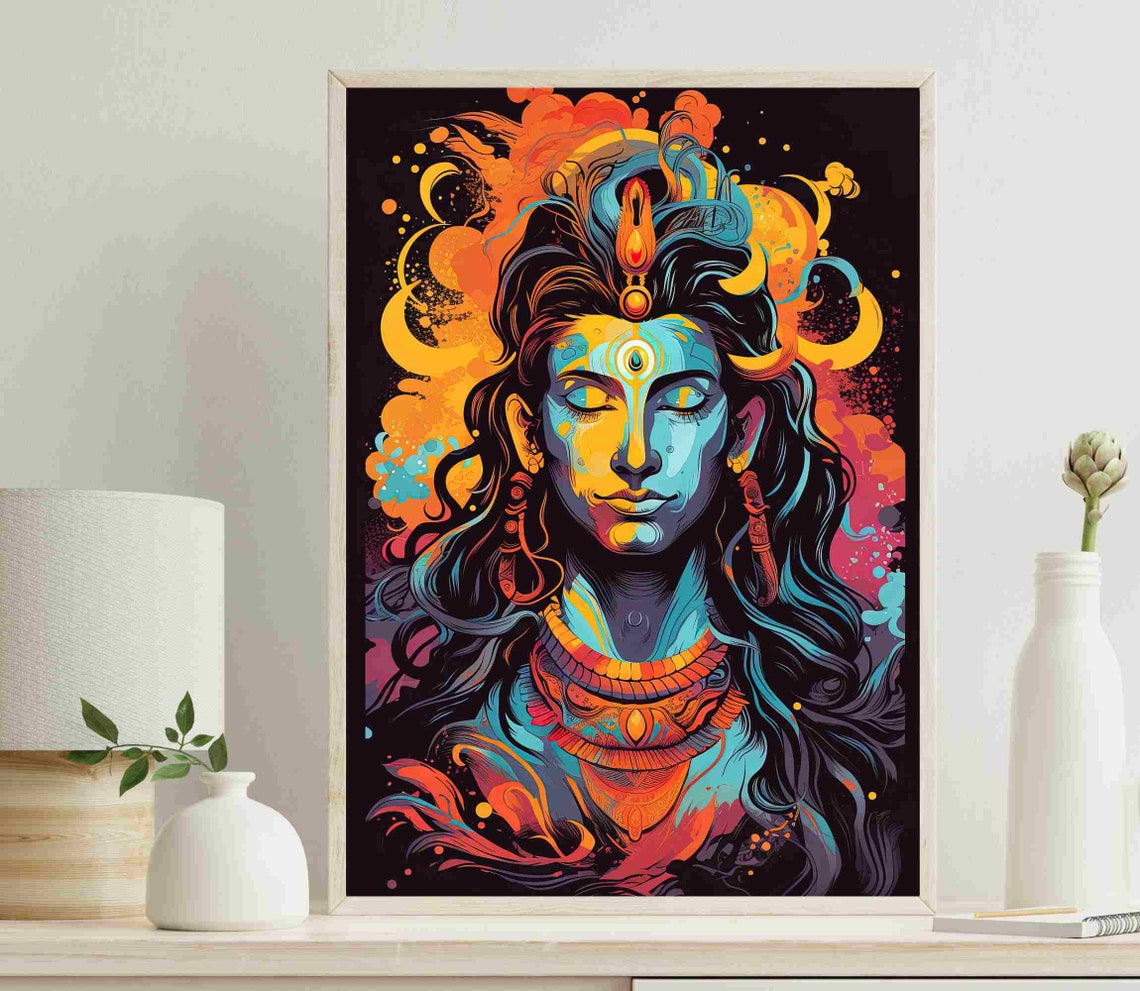 Neon Pop Art Shiva Portrait With Third Eye Psychedelic Poster