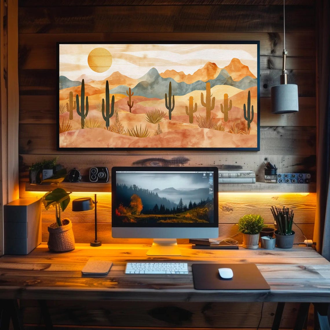 Boho Desert Landscape With Saguaro Cacti at Warm Sunset Poster - Image 5