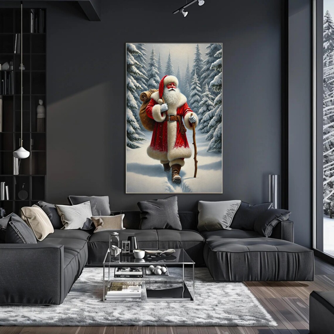 Santa Claus Hiking Through A Snowy Forest Winter Trail Poster - Image 3