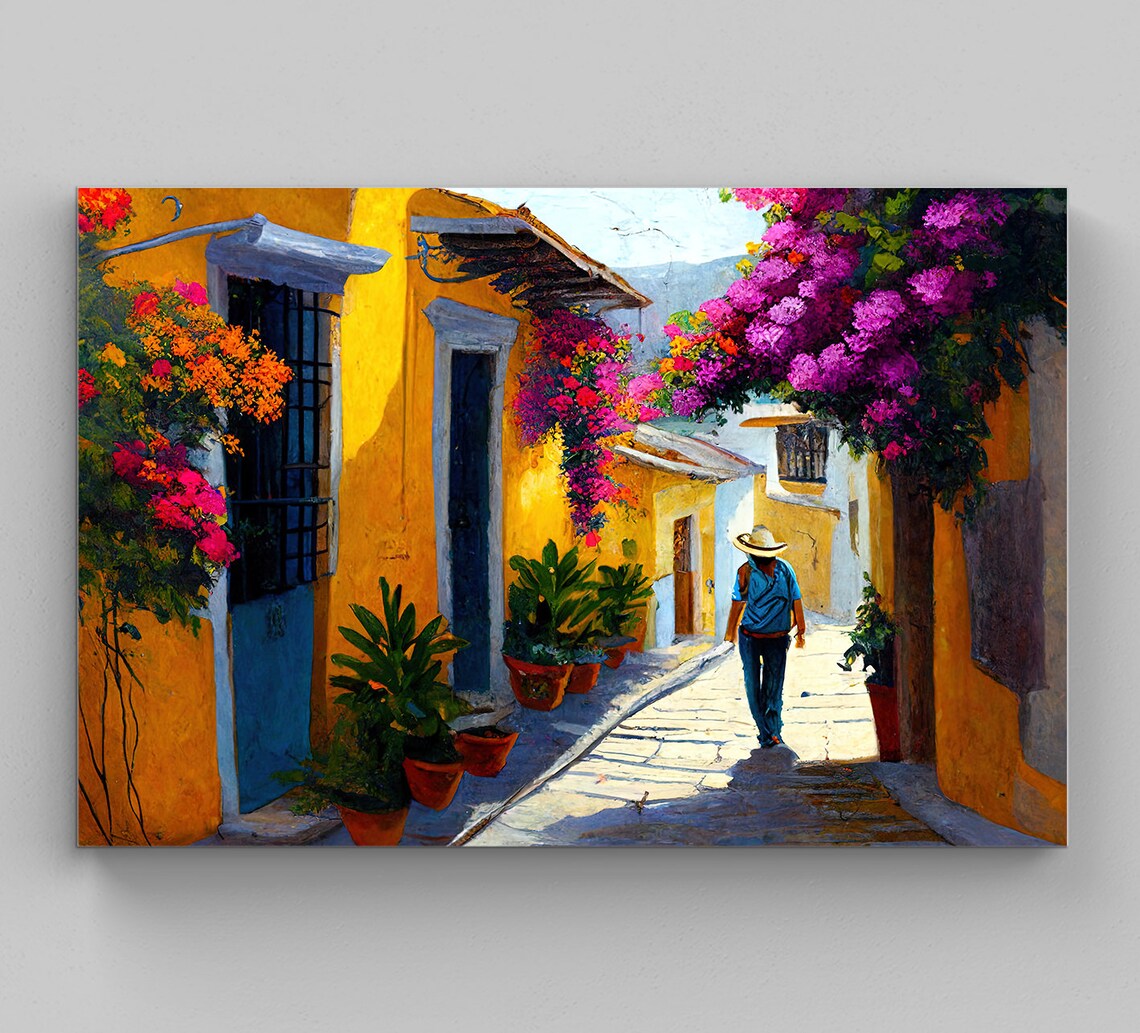 Oaxaca Mexico Sunny Street Bougainvillea Alley Market Scene Poster