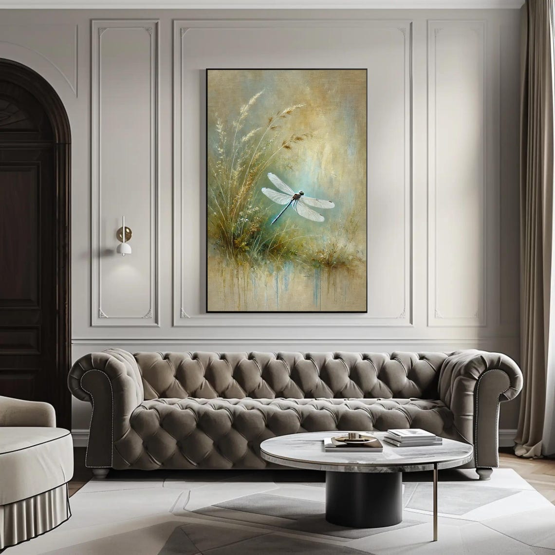 White Dragonfly Hovering Among Golden Reeds in Sage Meadow Poster - Image 3