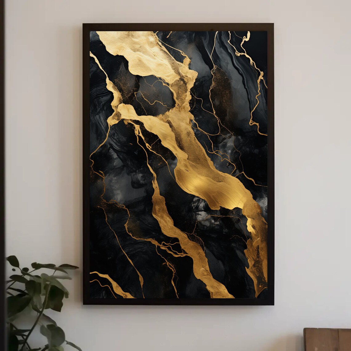 Black Gold Marble Abstract Wall Art Print, Modern