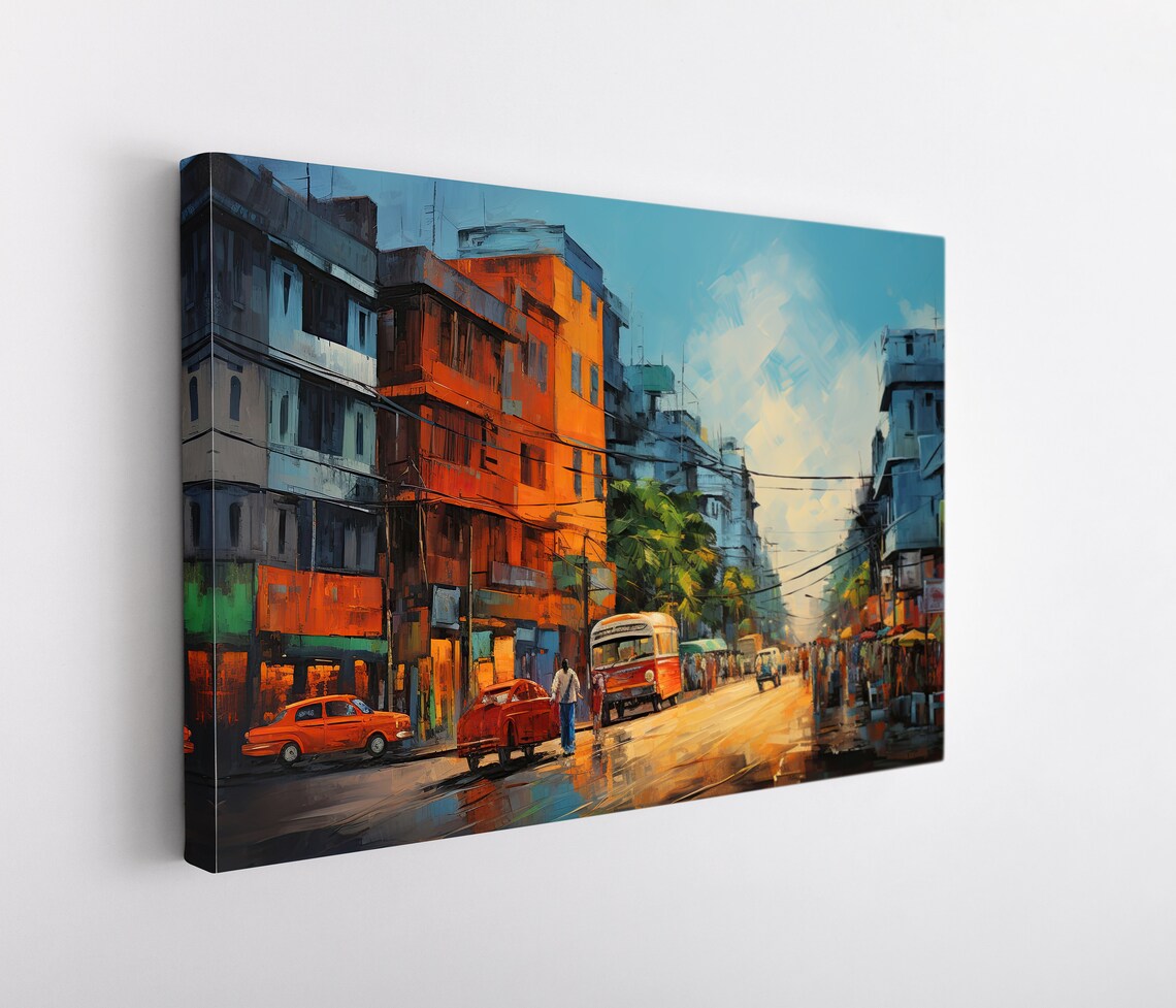 Kolkata Street Scene With Buses Oil Painting in Golden Light Poster - Image 4