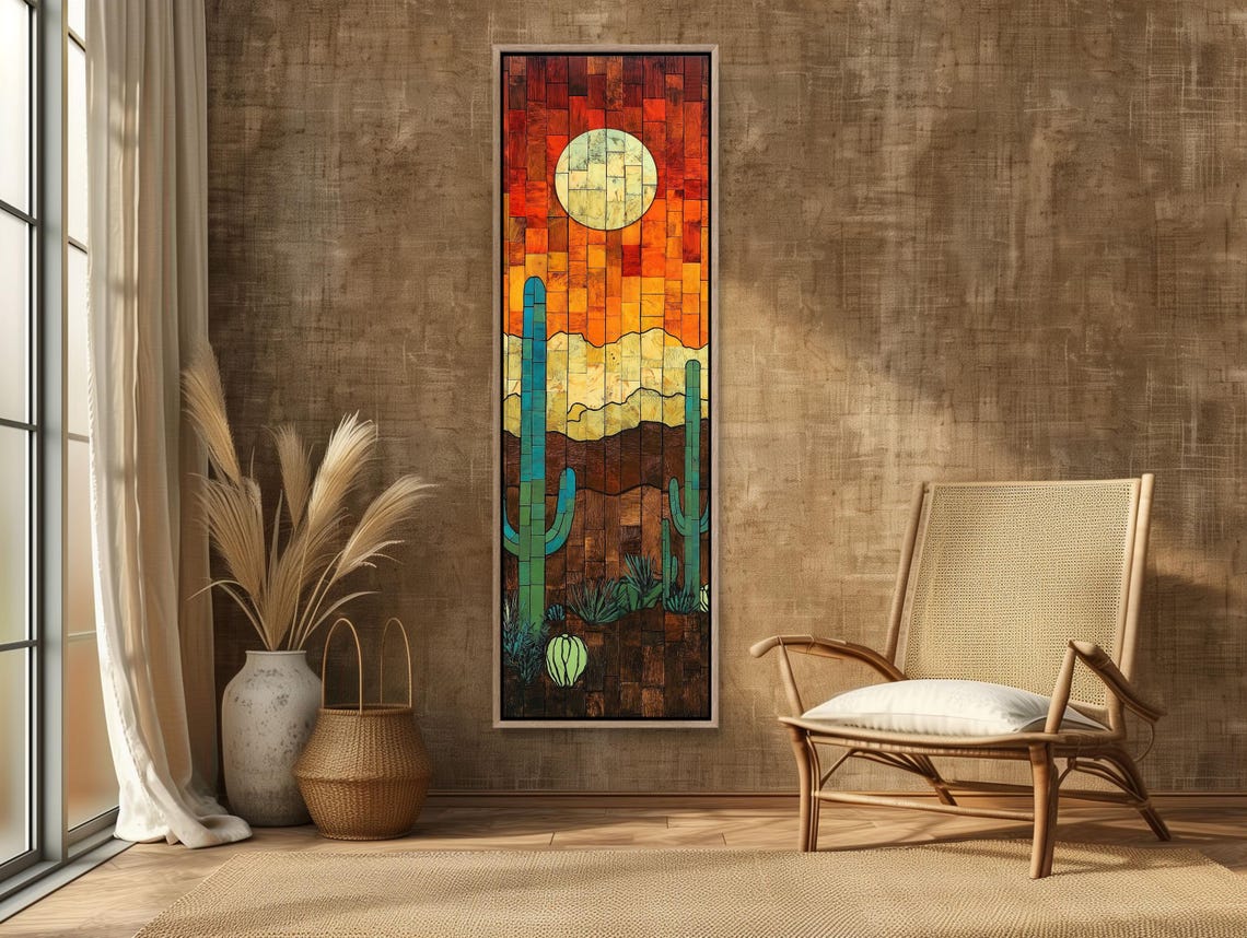 Mosaic Style Desert Sunset With Saguaro Cacti Vertical Poster - Image 3