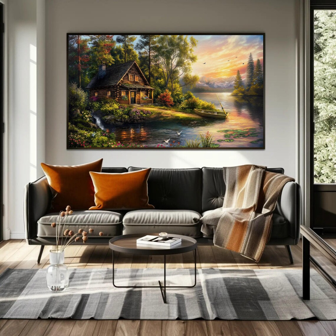 Cozy Lakeside Log Cabin Sunset With Flowers Cottage Art Poster - Image 3