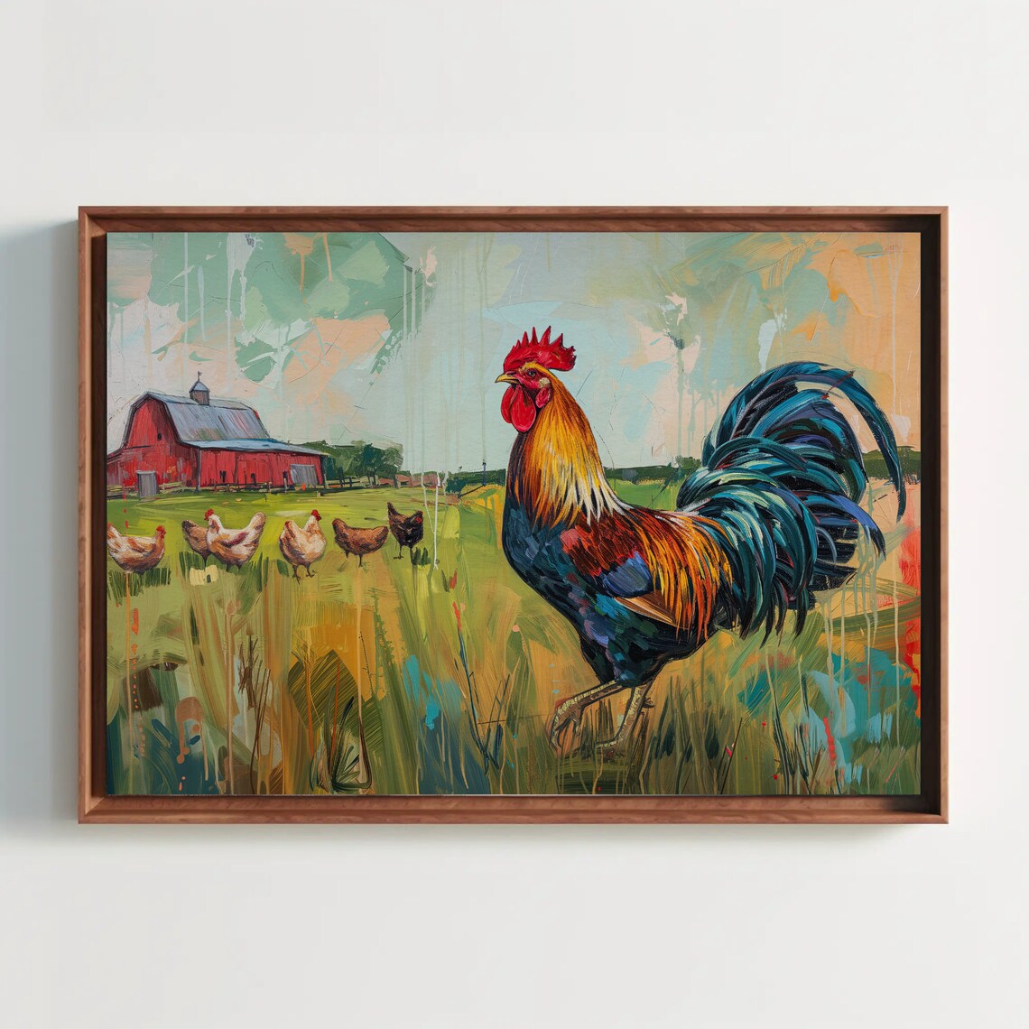 Proud Rooster With Hens Green Pasture Red Barn Painting Print - Image 5