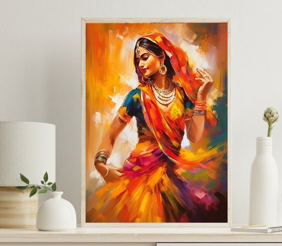 Indian Woman Colorful Folk Dance Home Decor Indian Wall Art Beautiful Indian Woman Folk Dance Painting