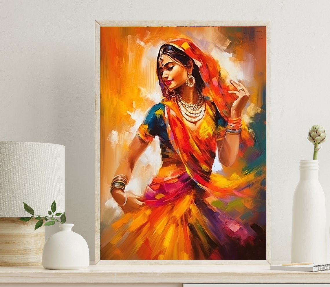 Vibrant Indian Folk Dancer in Swirling Sari Oil Painting Poster