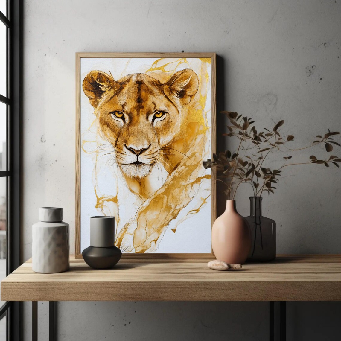 Regal Golden Lioness Portrait With Flowing Gold Ink Washes Poster - Image 4