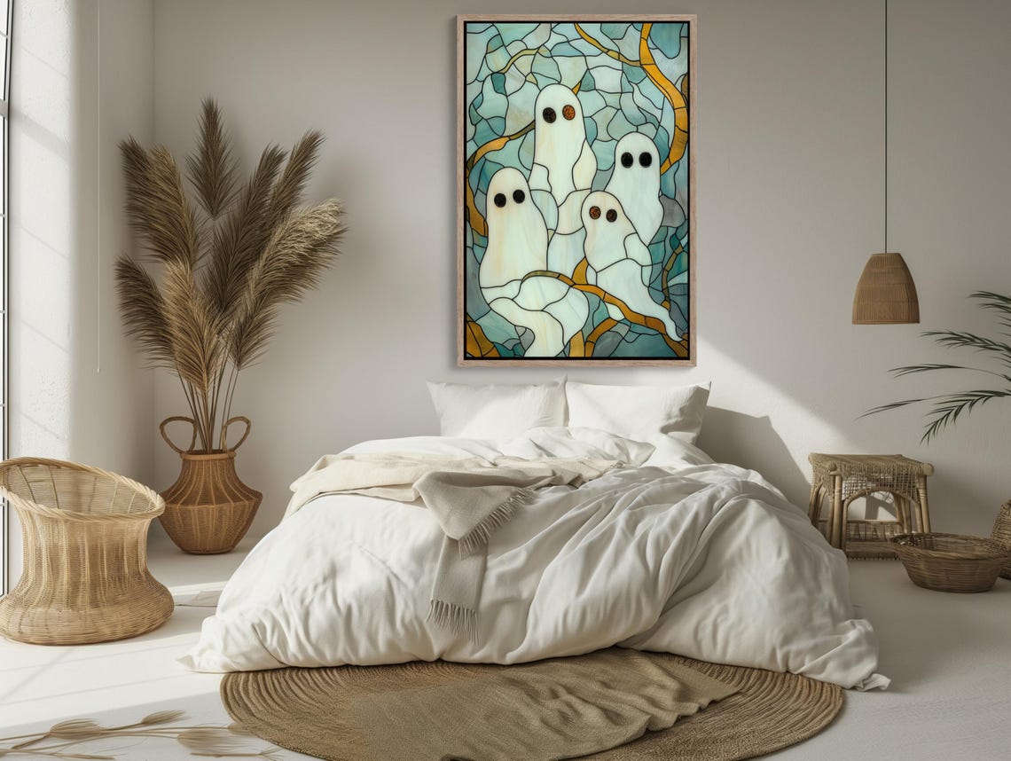 Four Cute Ghosts Teal Stained Glass Whimsical Halloween Poster - Image 4