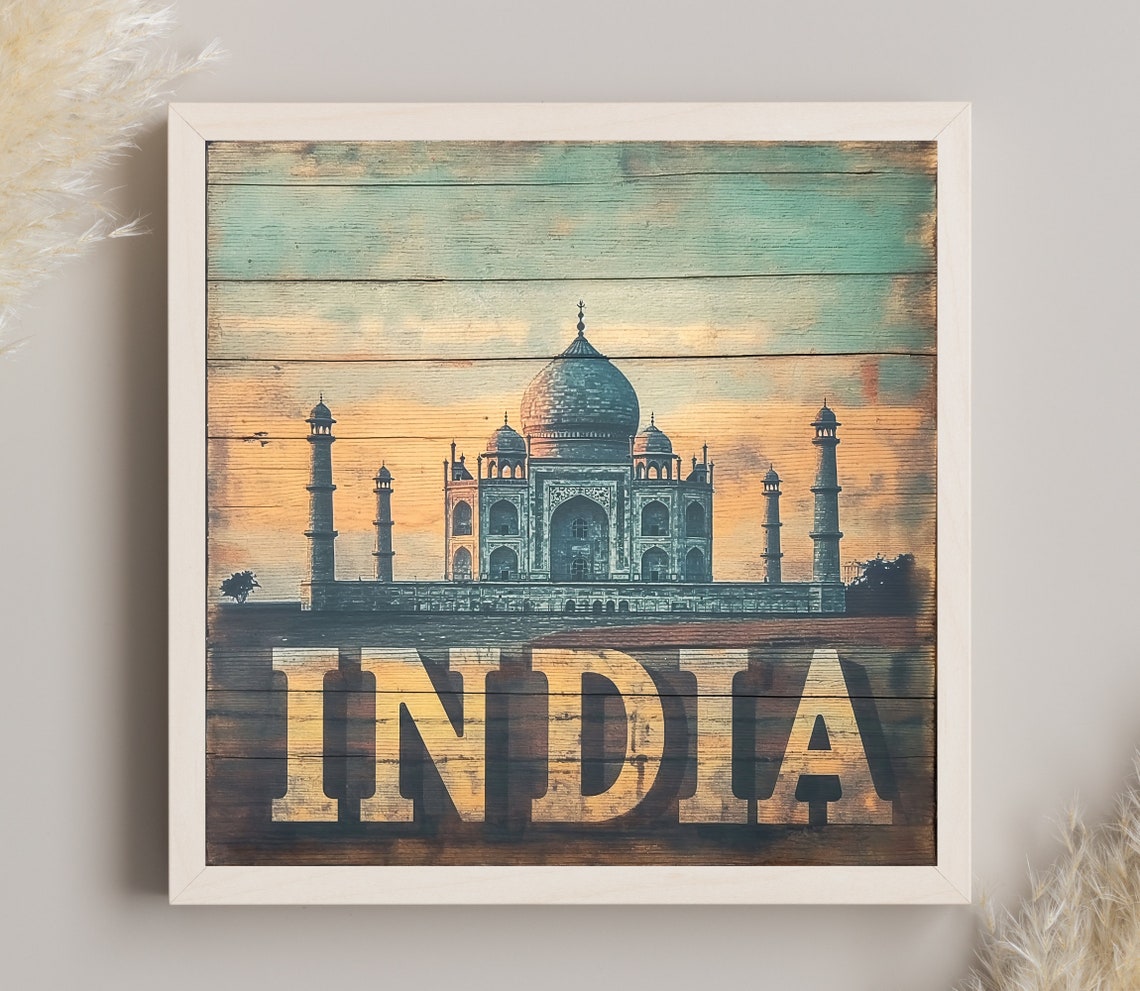 Taj Mahal India Sunset Vintage Sign on Wood Travel Wall Poster - Image 3