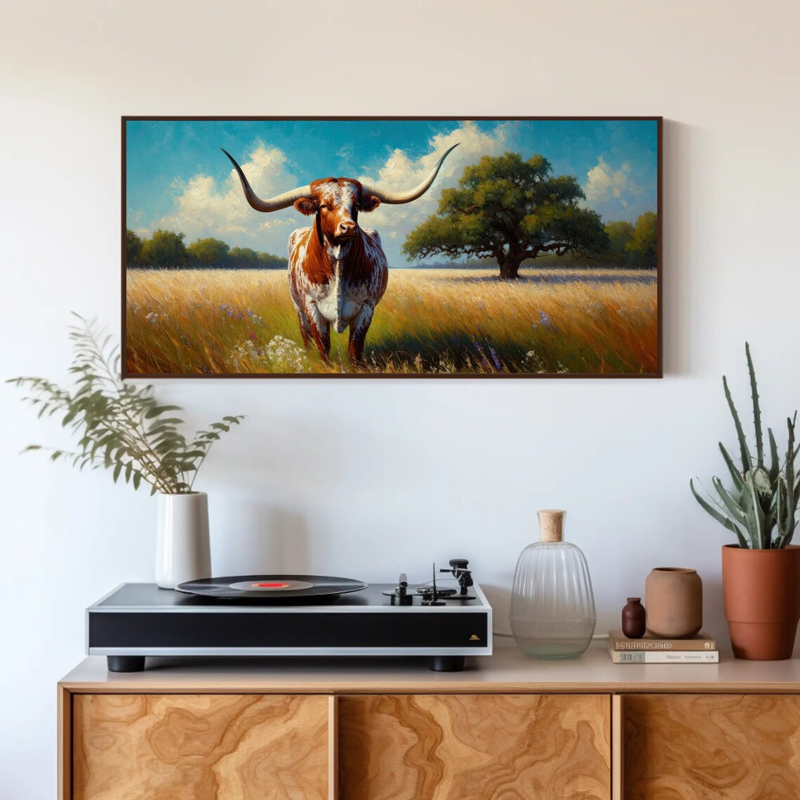 Texas Longhorn Cow In Golden Meadow Wildflowers Oil Painting Poster - Image 5