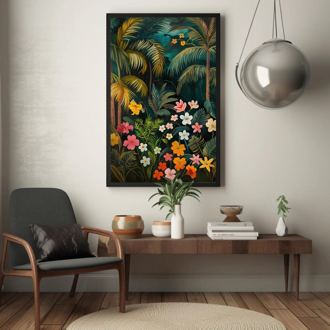 Night Jungle Palm Trees Hibiscus Tropical Floral Art Wall Poster - Image 2