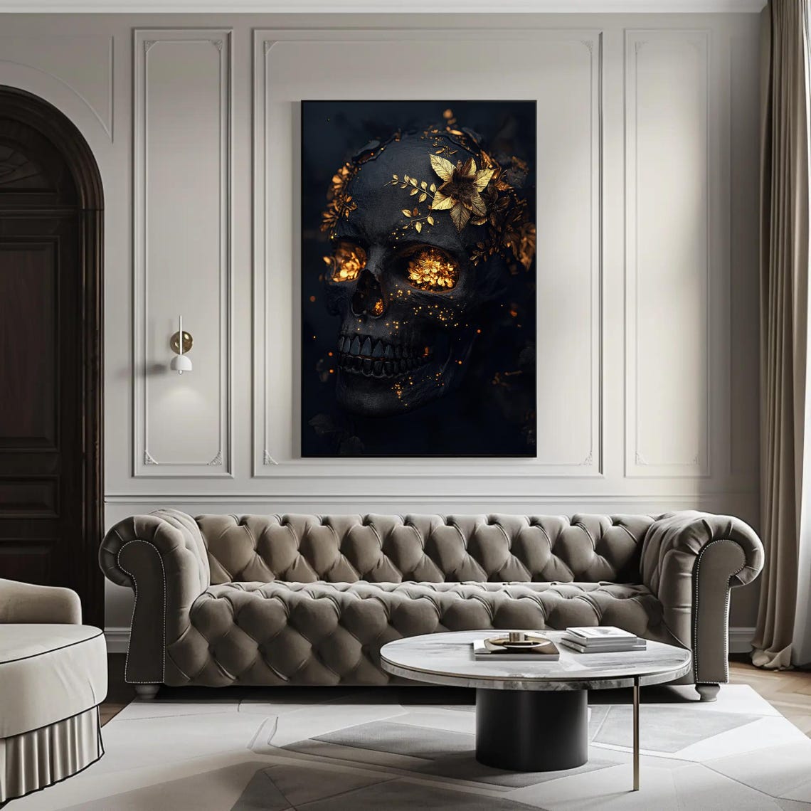 Golden Floral Crowned Skull on Black Luxury Gothic Art Poster - Image 3