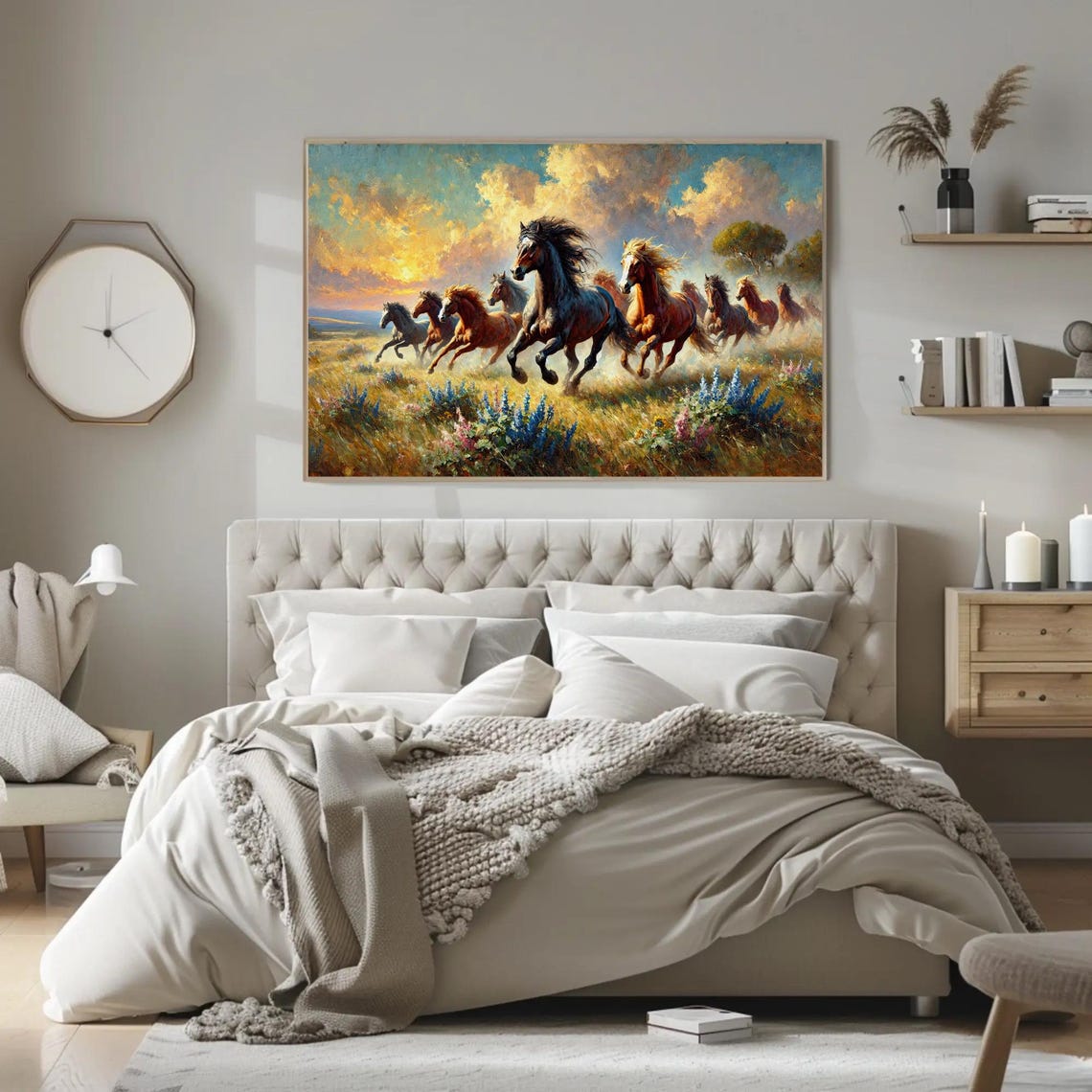 Wild Horses Galloping At Sunset Golden Meadow Flowers Poster - Image 2