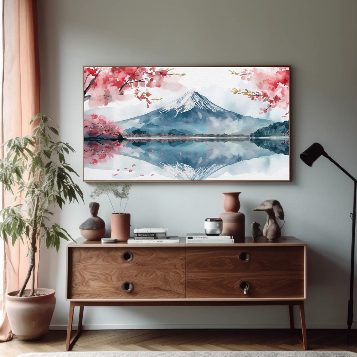 Mount Fuji with Cherry Blossoms Reflection Watercolor Poster - Image 5