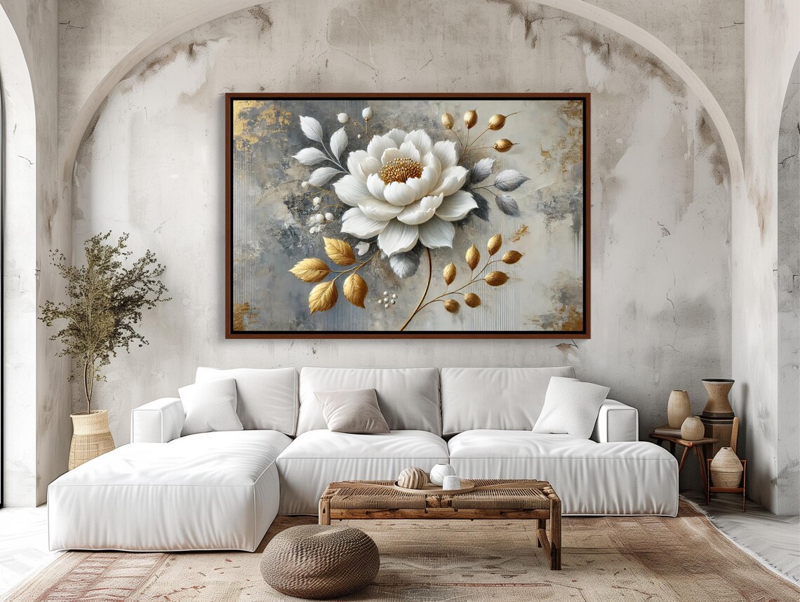 Gold And White Flower Horizontal Botanical Art Print - Image 3