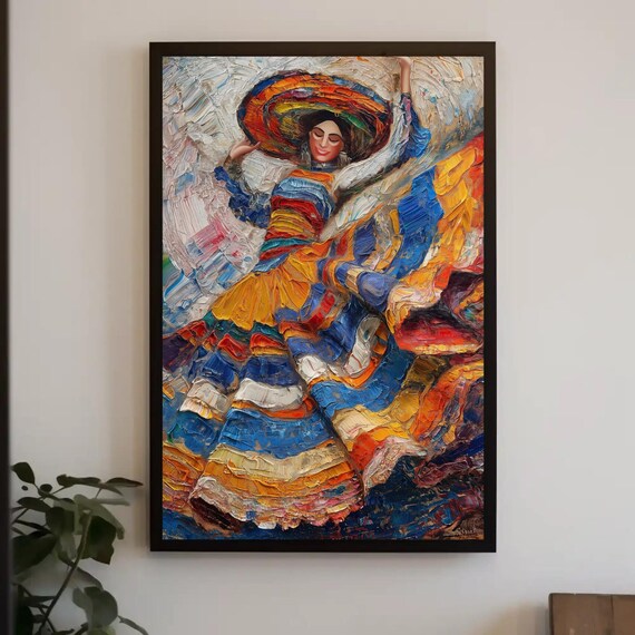 Mexican Folk Dancer In Rainbow Ruffled Skirt And Sombrero Poster