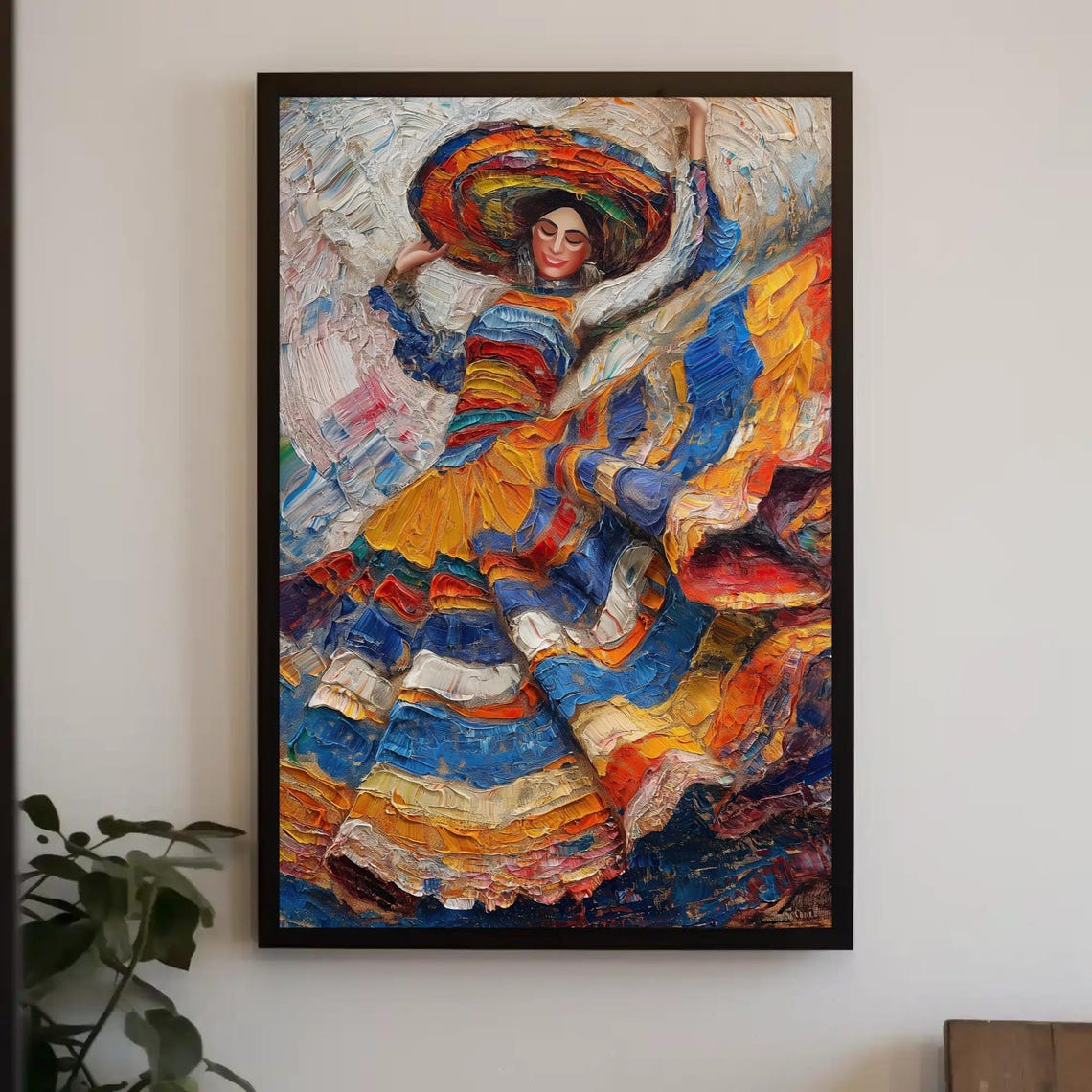 Mexican Folk Dancer In Rainbow Ruffled Skirt And Sombrero Poster