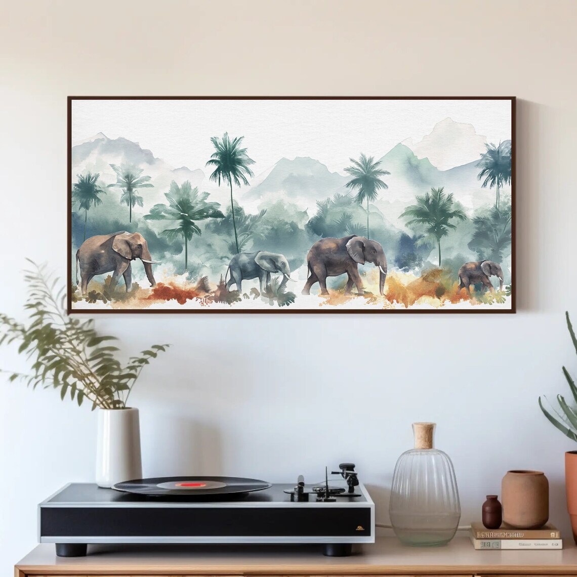 Elephant Herd in Jungle Landscape Watercolor Art Print