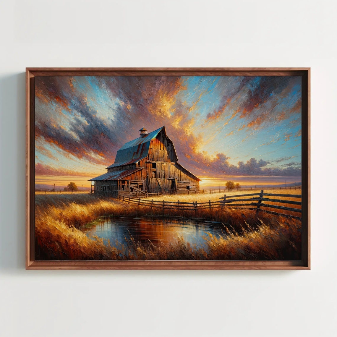 Weathered Barn At Sunset Pond Golden Dusk Landscape Painting Poster