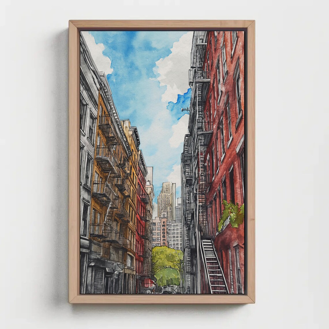 New York Street with Fire Escapes Watercolor City Travel Poster - Image 4