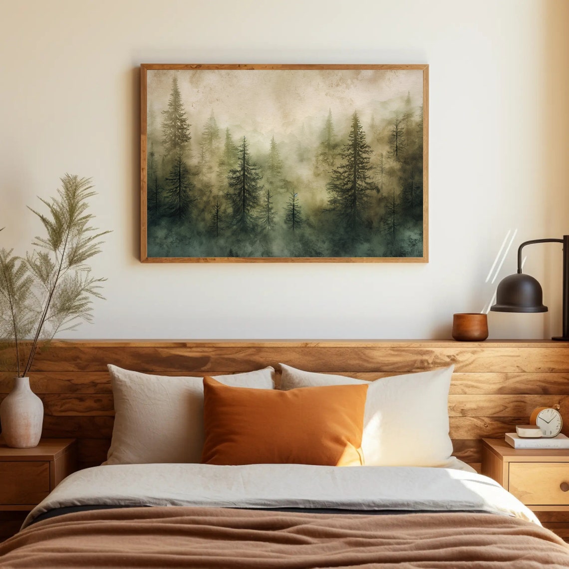 Foggy Pine Trees Watercolor Painting Soft Green Neutral Forest Poster - Image 2