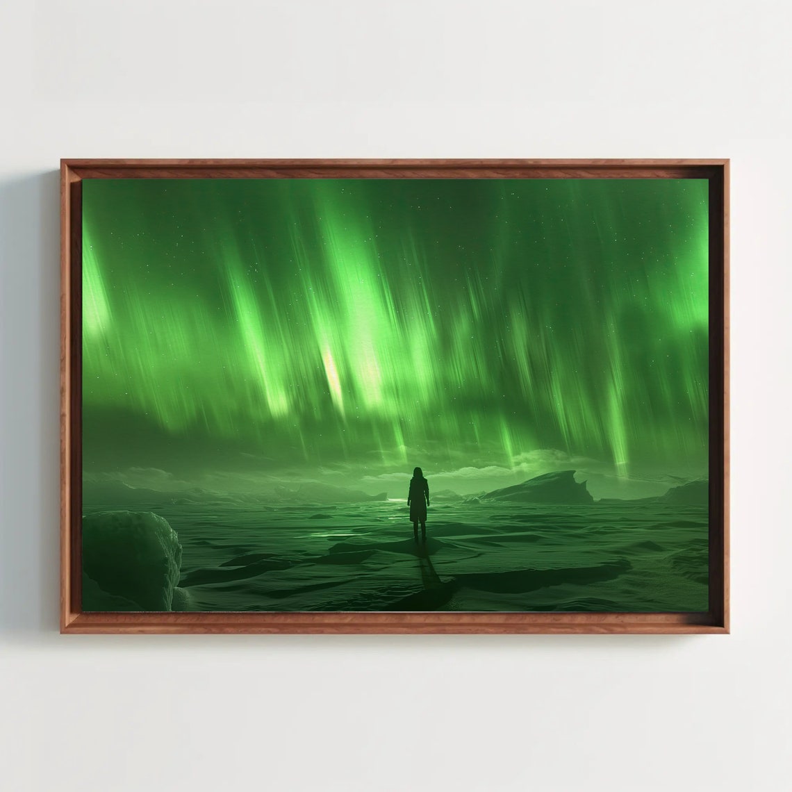 Green Northern Lights Lone Figure Icy Coast Night Sky Poster